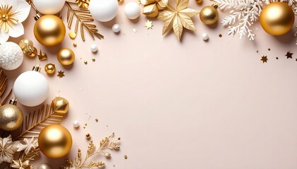 Decorative golden and white christmas ornaments festive holiday decor elegant arrangement soft background aesthetic composition
