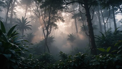 Steamy Mist Rising From Dark Jungle Floor in the Morning
