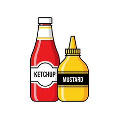 Cartoon illustration of ketchup and mustard bottles transparent background