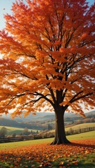 Colorful fall foliage blankets the golden forest floor, with yellow, orange, and red leaves decorating the trees in the park under a clear autumn sky