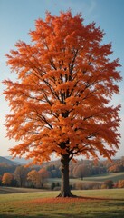 Colorful fall foliage blankets the golden forest floor, with yellow, orange, and red leaves decorating the trees in the park under a clear autumn sky