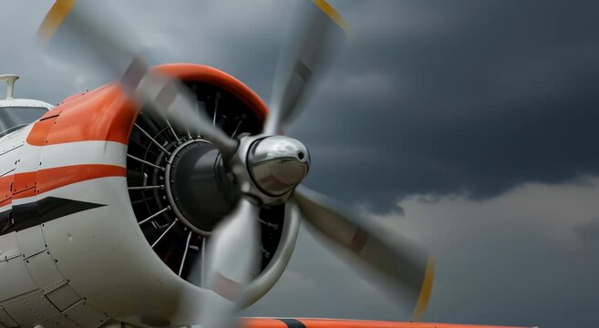 Propeller Aircraft Engine Spinning - Vintage Plane on Cloudy Day