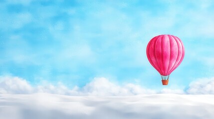 Fototapeta premium A vibrant pink hot air balloon floats above fluffy clouds under a bright blue sky, creating a serene and uplifting scene.