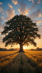 Sunrise over a beautiful autumn landscape with sunlit trees and morning fog