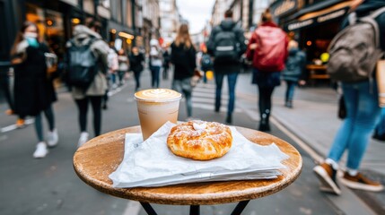 Fototapeta premium A coffee cup and pastry sit on a table in the middle of a busy street.