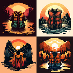 Four artistic depictions of life vests positioned over serene nature scenes, each with a unique color palette and perspective.