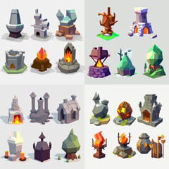 Variety of low-poly, fantasy-themed structures, including towers, huts, and fireplaces.  The designs exhibit a simplified, geometric aesthetic.