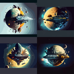 Four digital artwork compositions of futuristic cities floating in space, orbiting various planets. Each scene displays a unique style and color palette.