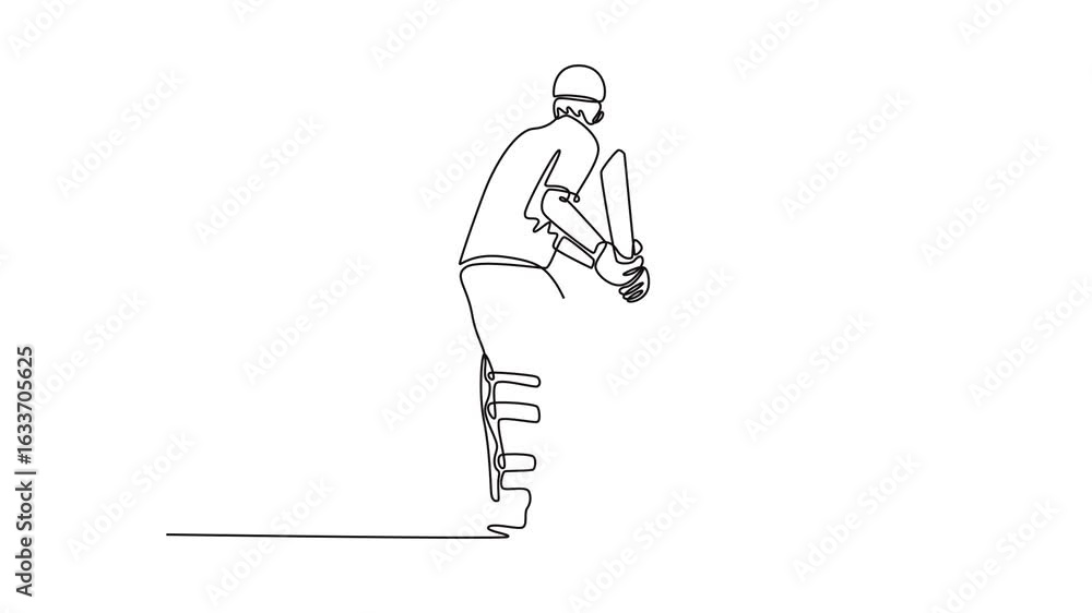 Poster animated self drawing of continuous line draw back view of male cricket player with protective helme