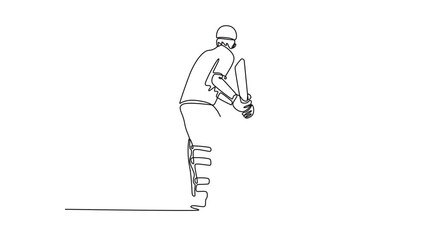 Animated self drawing of continuous line draw back view of male cricket player with protective helmet on the field in batting position. Batsman in action at fun game. Full length single line animation - Powered by Adobe