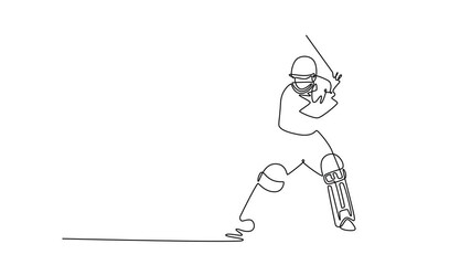 Animated self drawing of continuous line draw male cricket player wearing protective helmet in batting position on green field. Focused player playing fun game outdoor. Full length one line animation - Powered by Adobe