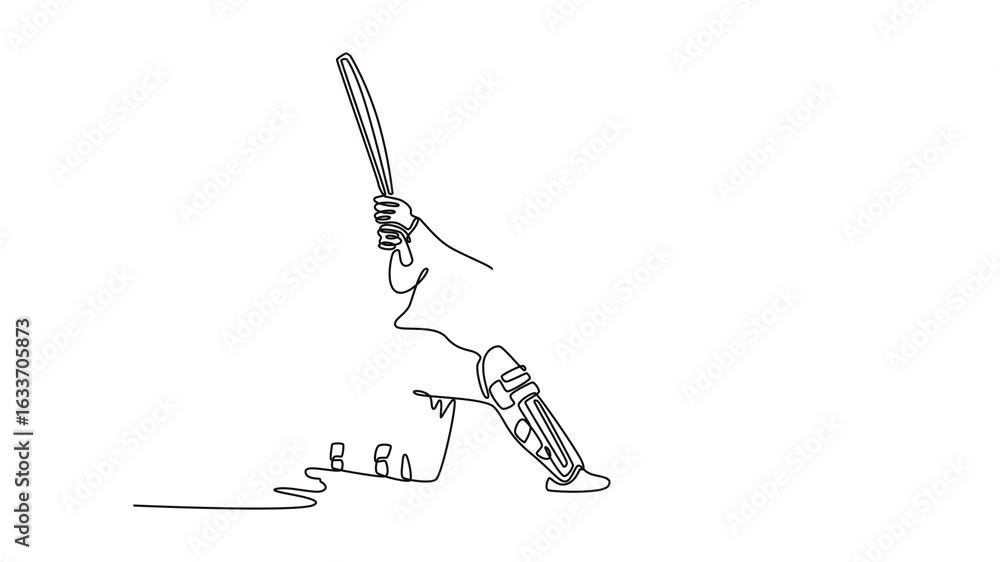Poster self drawing animation single line draw fit female cricketer batting and bowling in game in summer. 