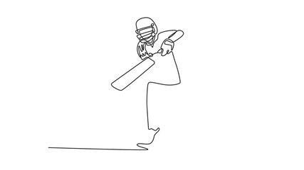 Self drawing animation single line draw front view cricketer batswoman hitting reverse sweep during match on pitch. Professional sport and exercise for fitness. Continuous line. Full length animated - Powered by Adobe