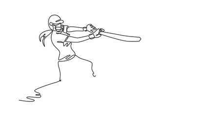 Self drawing animation of single line draw side view of woman cricketer hitting the ball with bat for match or competition. Fitness training, performance or game. Continuous line. Full length animated - Powered by Adobe