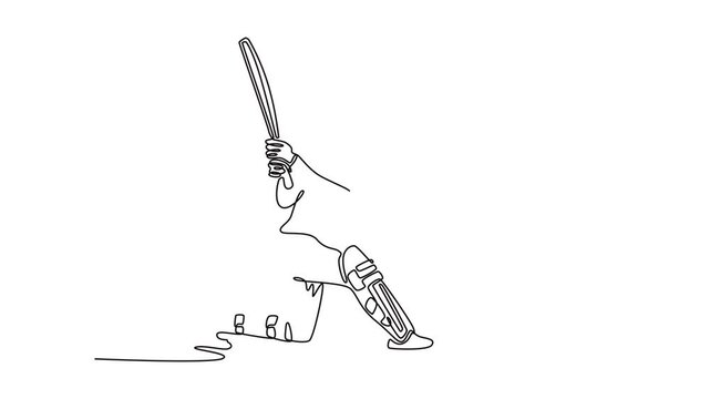 Self drawing animation single line draw fit female cricketer batting and bowling in game in summer. Local cricket match or practice being played on green field. Continuous line. Full length animated