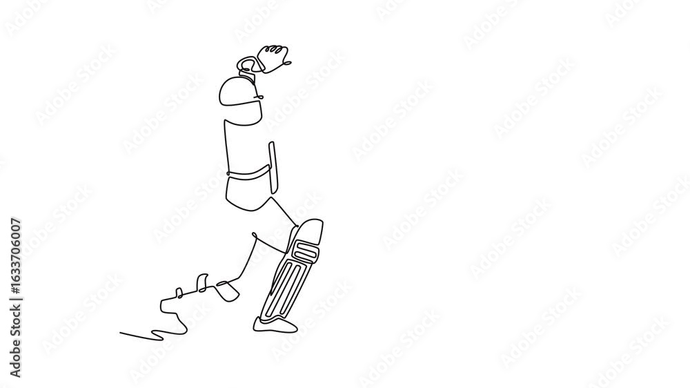Poster animated self drawing of continuous line draw front view active male cricketer batting and bowling i