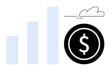 Vertical bar chart rising alongside a dollar coin and a minimalistic cloud. Ideal for finance, business growth, investment, economy, progress, analytics, goal achievement. A simple flat metaphor