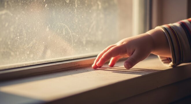 Child's hand reaching for sunlight on a windowsill, expressing curiosity and wonder - Powered by Adobe