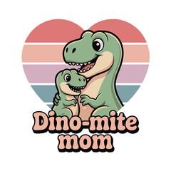 Cartoon of a mother and baby dinosaur with heart shaped background tshirt design