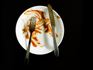 Dirty plate top view background, finished eat dinner in restautant, abstract textuer stain smearing...