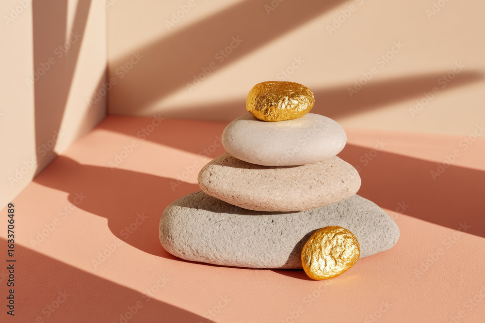 Aufkleber stacked smooth stones and golden pebbles create balanced pyramid on pastel surface with soft sunligh
