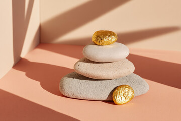 Stacked smooth stones and golden pebbles create balanced pyramid on pastel surface with soft sunlight and shadows, evoking calm and harmony in minimalist setting