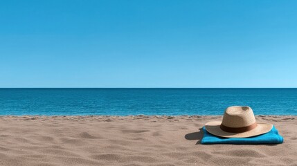 A straw hat with a brown band sits on a blue towel on a sandy beach.