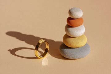 Gold ring diamond stone stack pebble balance minimal pastel shadow smooth elegant. gold ring with diamond beside pastel stone stack creating calm and elegant minimal composition