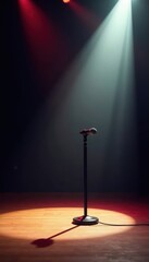 Single microphone on empty stage, spotlight shining , concert, dark, microphone