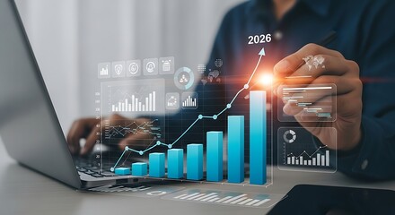 Businessman Analyzing Growth Chart and Financial Data on Virtual Interface with Laptop