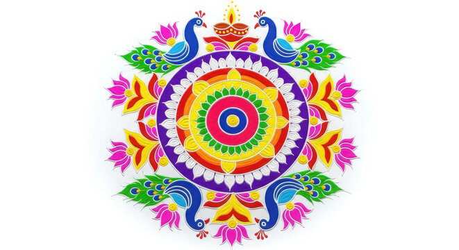Vibrant peacock rangoli design with intricate circular patterns