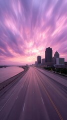 Purple Sunrise Highway: Cityscape, River, and Streaking Clouds