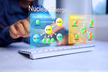 Nuclear energy concept with staff using reactions to produce electricity and obtained from nuclear...