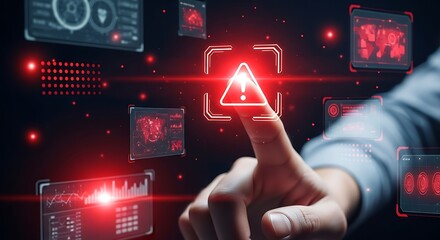 Finger Touching Red Alert Triangle on Digital Interface for Cyber Security