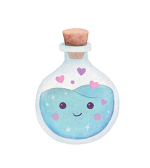 Watercolor cartoon illustration of Magical potion in glass bottle with blue liquid. Hand drawn illustration Halloween witch elixir.