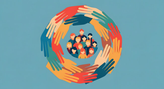 Illustration of diversity and inclusion with hands forming a circle around diverse people