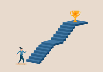 Woman step to achieve career success, motivation to grow career path, growth, climb up stair to reach goal, ambition concept, business woman walking up stair to reach winning trophy.