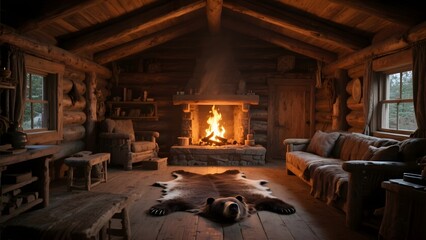 Fototapeta premium Cozy Log Cabin Interior with Fireplace and Rustic Furniture