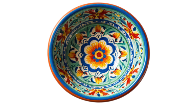 Colorful pottery bowl with hand-painted design, top view isolated on a Transparent background, PNG file. - Powered by Adobe