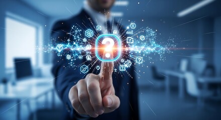 Young Businessman in Suit Tapping a Glowing Question Mark Icon


