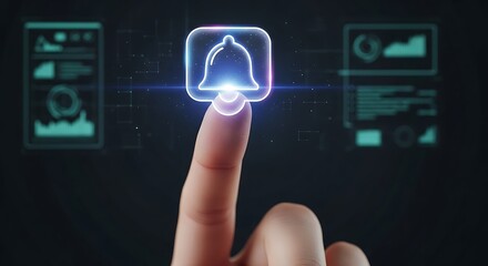 Finger Tapping Glowing Notification Bell Icon on Digital Interface

