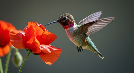 Fototapeta premium Hummingbird Hovering Near Vibrant Red Poppy Flower, Wings Extended, Nature's Beauty