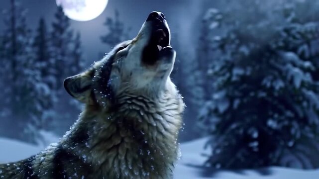Dire wolf howls under full moon in snowy North American forest &ndash; dramatic prehistoric predator and primal wilderness scene

