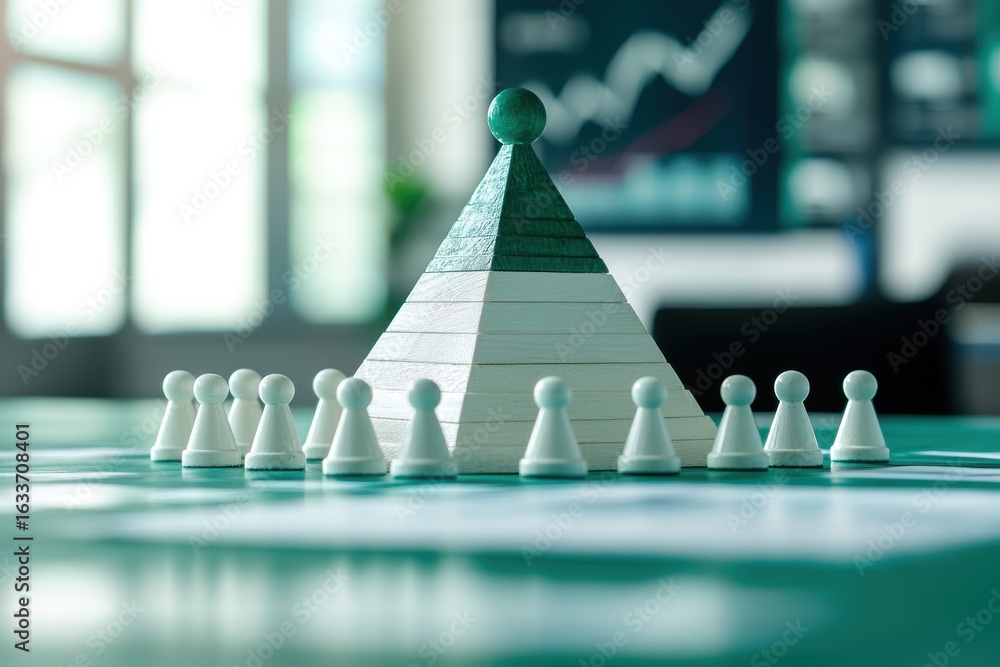 Poster business hierarchy and team structure with pyramid and pawns business team hierarchy structure pawns