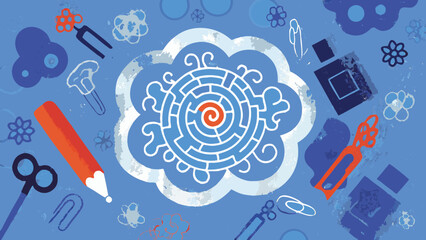 Fototapeta premium A whimsical illustration featuring a cloud maze, pencil, perfume bottle, and various other stationery items