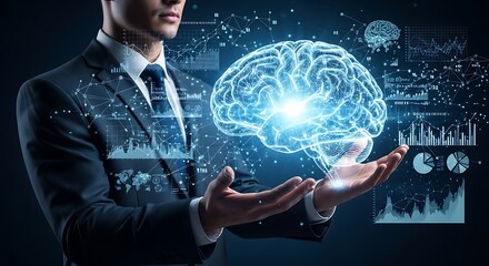 Man Holding Glowing Holographic Brain with Digital Data Interface

