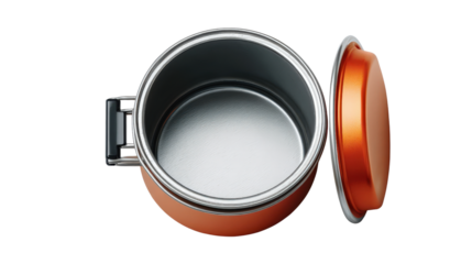 Compact travel cooking pot, top view with white backdrop isolated on a Transparent background, PNG file.