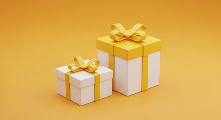 Two White Gift Boxes with Gold Ribbons on a Golden Background

