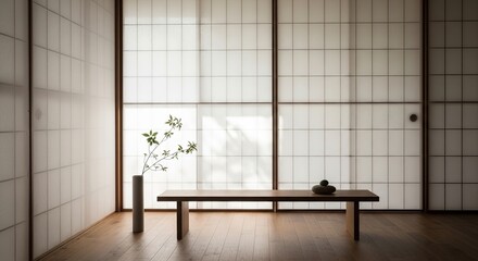 Minimalist interior with shoji screens bench and vase in a bright room.