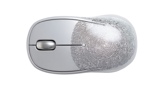 Computer mouse with fingerprint reader top view biometric concept isolated on a Transparent background, PNG file.